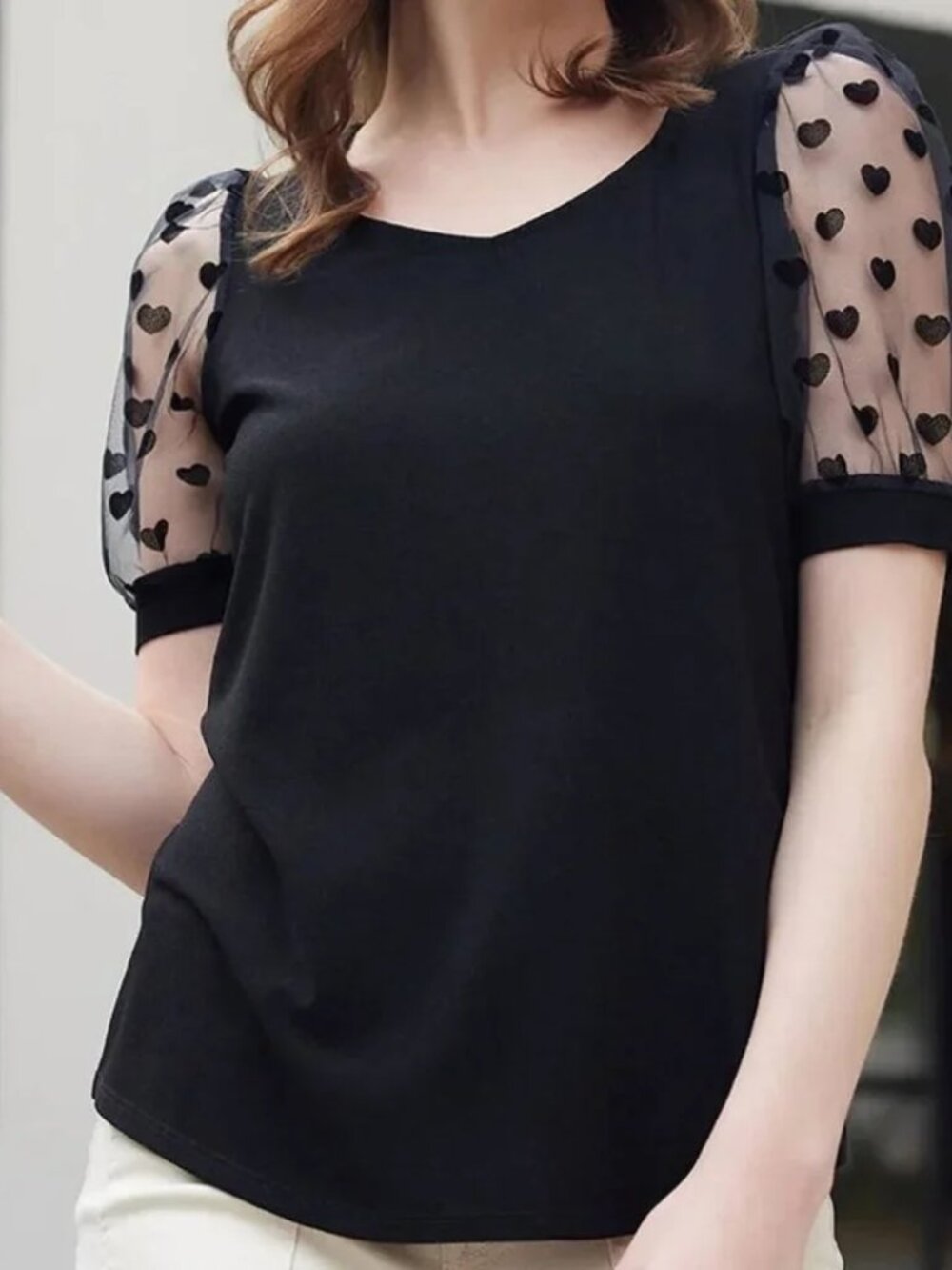Black Top with Puff Sleeve Hearts size